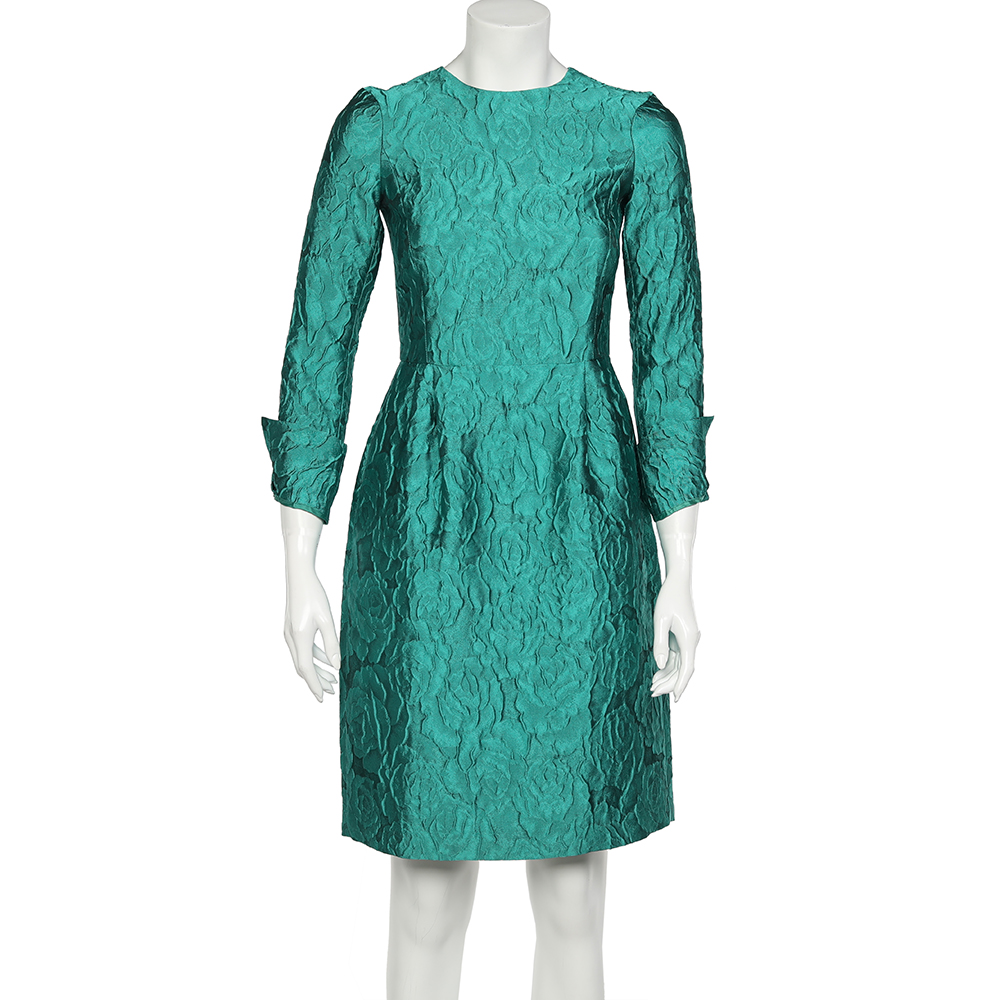 luxury-women-ch-carolina-herrera-used-clothes-p615043-003-2 CH Carolina Herrera Green Silk Jacquard Long Sleeve Sheath Dress S