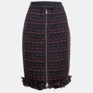 CH Carolina Herrera Navy Blue Tweed Zip Front Fringed Knee Length Skirt M