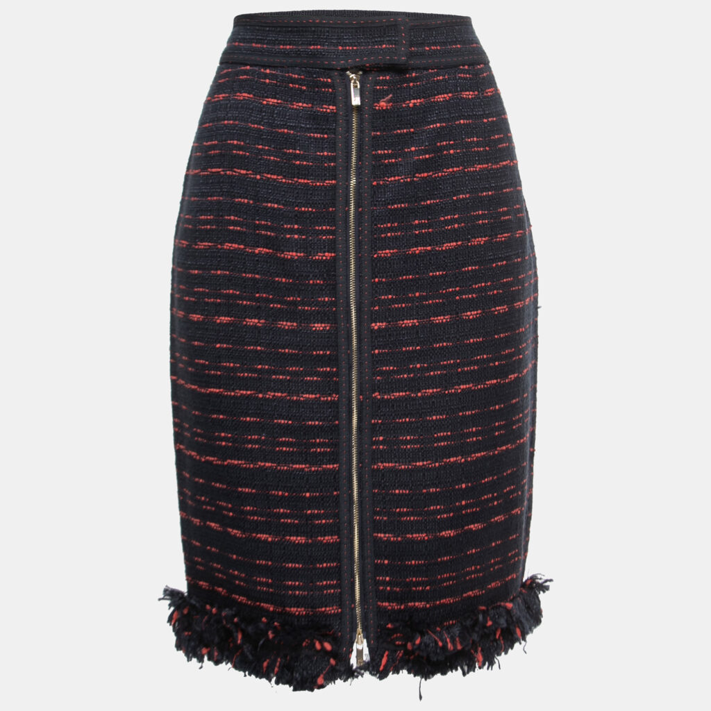luxury-women-ch-carolina-herrera-used-clothes-p839194-002 CH Carolina Herrera Navy Blue Tweed Zip Front Fringed Knee Length Skirt M