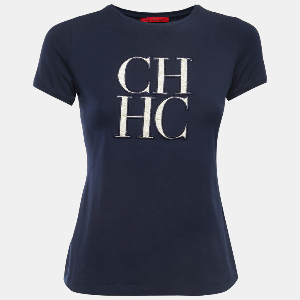 luxury-women-ch-carolina-herrera-used-clothes-p864349-001 CH Carolina Herrera Navy Blue Logo Patch Cotton Crew Neck Short Sleeve T-Shirt XS