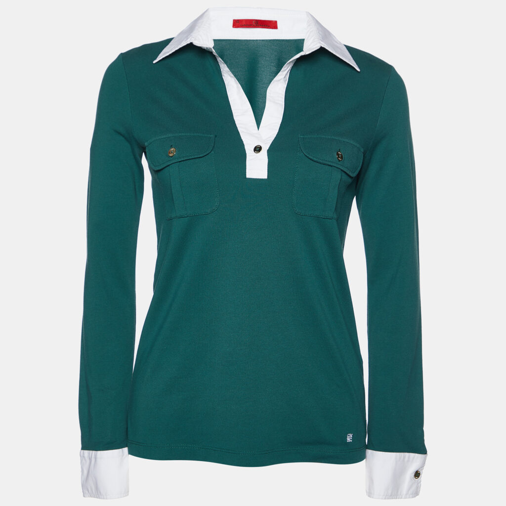 luxury-women-ch-carolina-herrera-used-clothes-p981754-002 CH Carolina Herrera Green Pique Cotton Long Sleeve T-Shirt XS