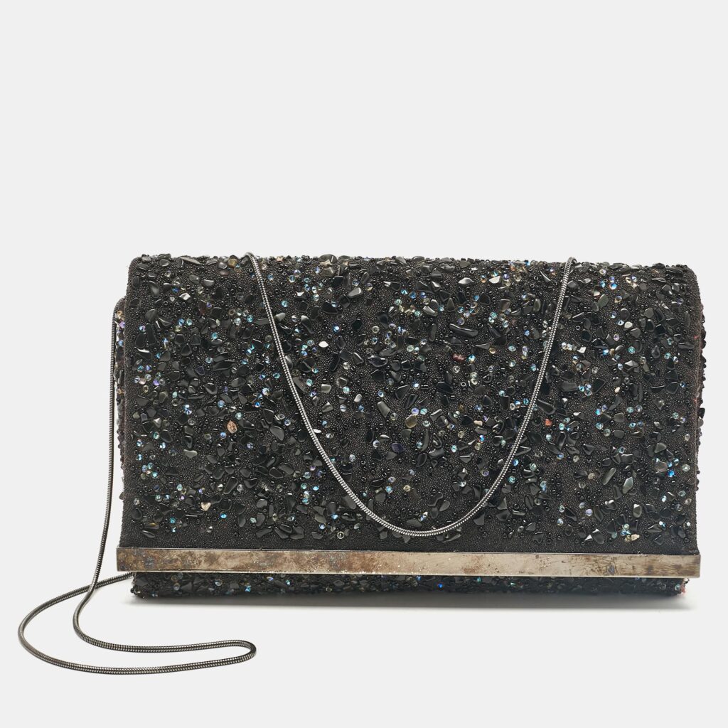 luxury-women-ch-carolina-herrera-used-handbags-p1044285-011 CH Carolina Herrera Black Fabric Beads Embellished Fabric Chain Clutch