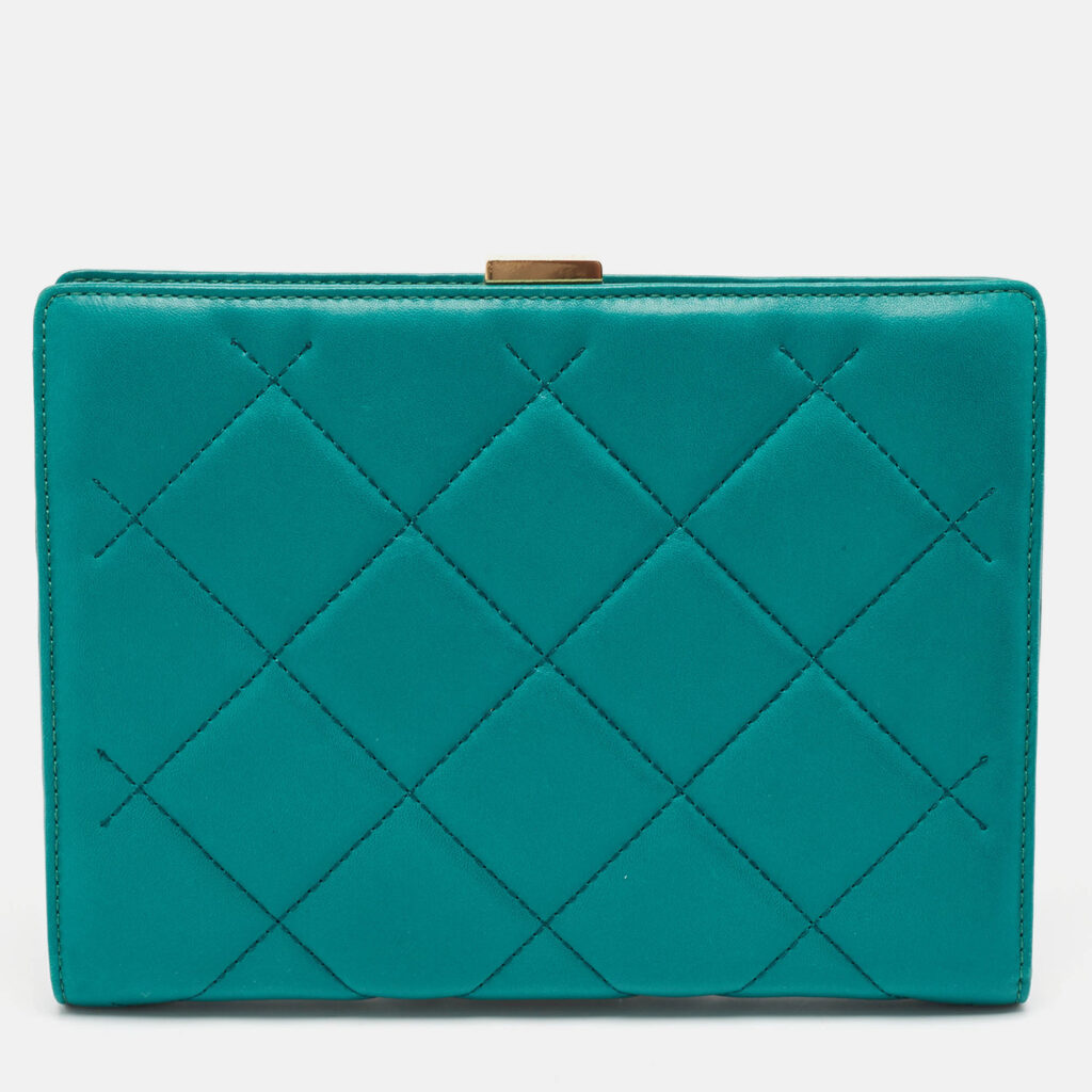 CH Carolina Herrera Green Quilted Leather Frame Chain Clutch