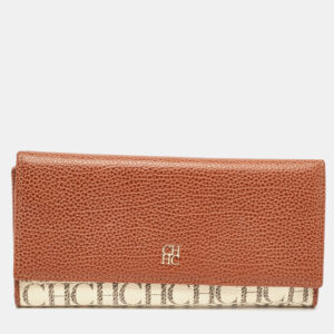 CH Carolina Herrera Brown/White Monogram Leather Flap Continental Wallet