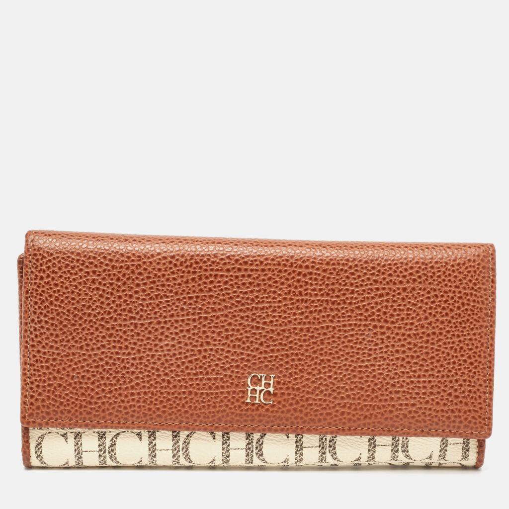 CH Carolina Herrera Brown/White Monogram Leather Flap Continental Wallet
