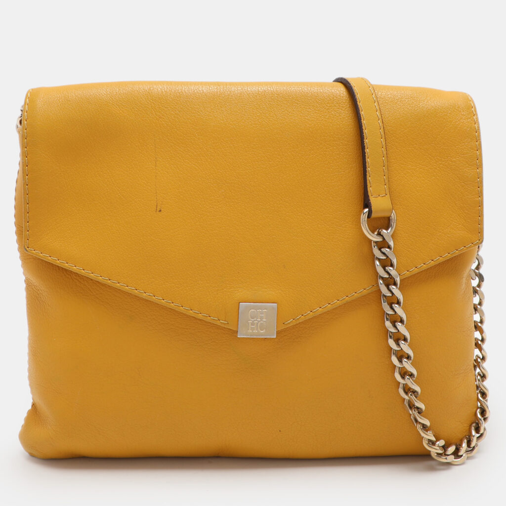 luxury-women-ch-carolina-herrera-used-handbags-p1109785-001 CH Carolina Herrera Yellow Leather Flap Shoulder Bag