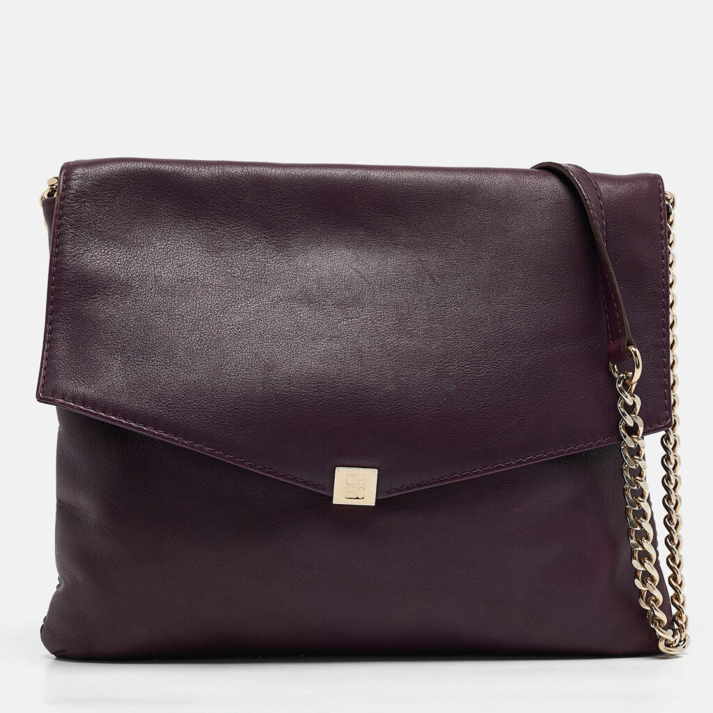 luxury-women-ch-carolina-herrera-used-handbags-p1112009-020 CH Carolina Herrera Dark Purple Leather Envelope Flap Shoulder Bag