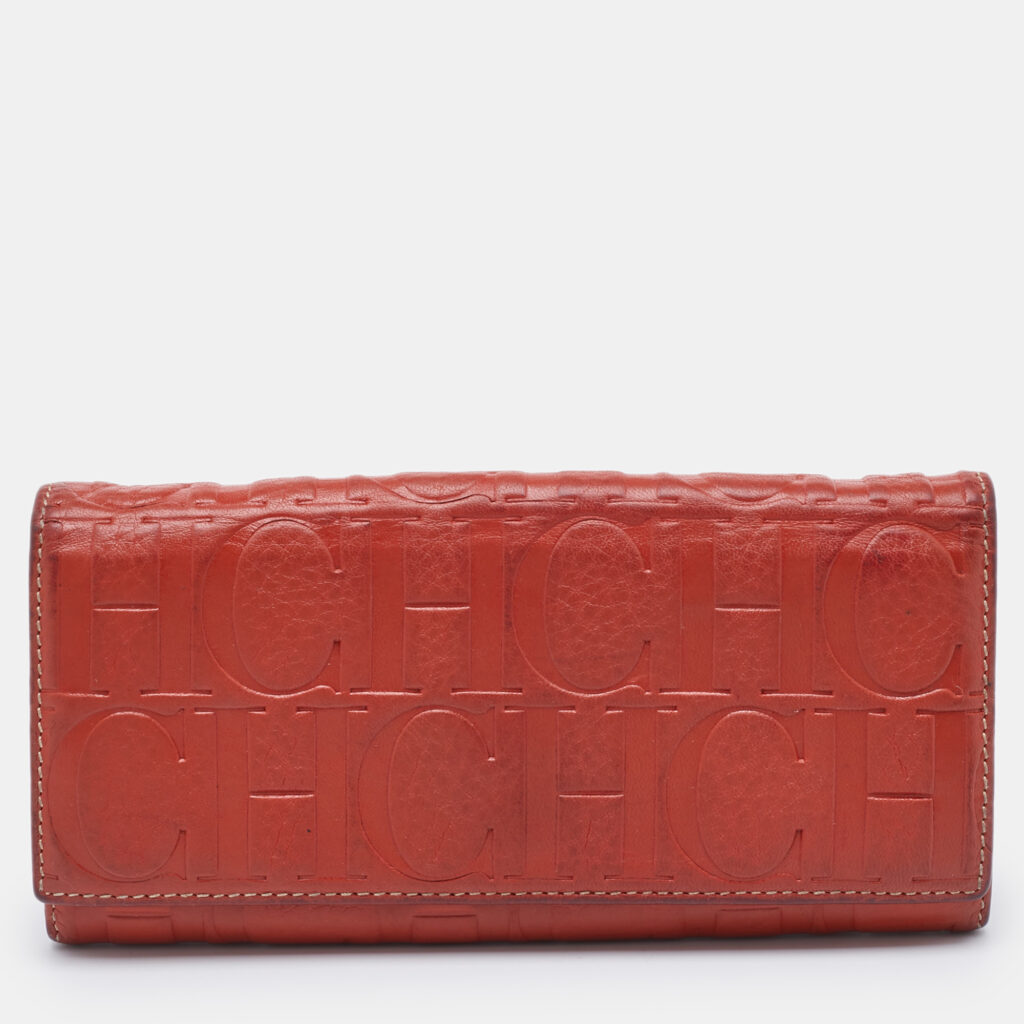 luxury-women-ch-carolina-herrera-used-handbags-p1126478-001 CH Carolina Herrera Rust Orange Monogram Leather Flap Continental Wallet