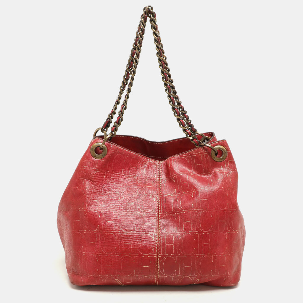 luxury-women-ch-carolina-herrera-used-handbags-p1140735-009 CH Carolina Herrera Red/Gold Monogram Leather Chain Tote