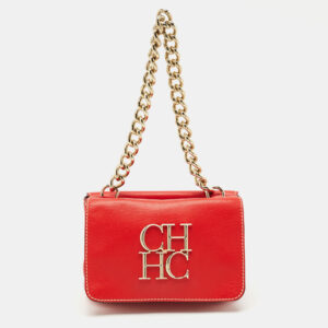 CH Carolina Herrera Red Leather Double Flap Chain Shoulder Bag