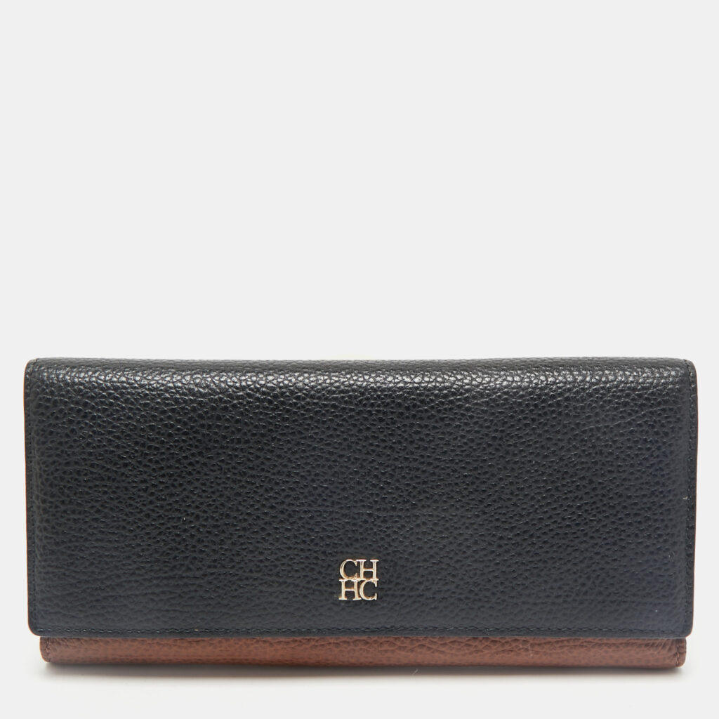 luxury-women-ch-carolina-herrera-used-handbags-p1162815-006 CH Carolina Herrera Black/Brown Leather Long Trifold Wallet