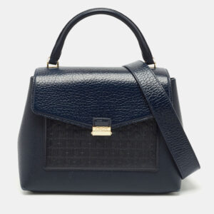 CH Carolina Herrera Navy Blue Monogram Leather Pushlock Top Handle Bag