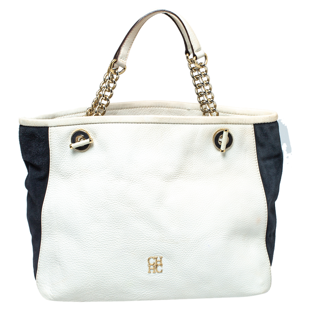 luxury-women-ch-carolina-herrera-used-handbags-p386701-006 Carolina Herrera White/Blue Textured Leather And Suede Tote