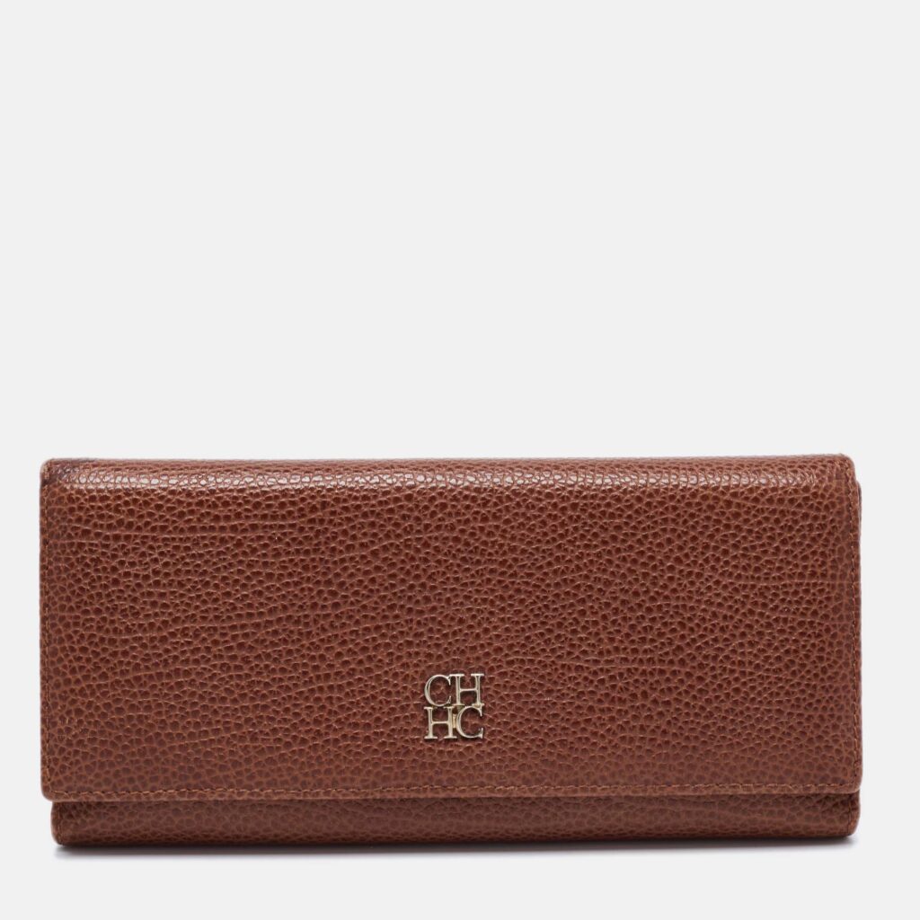 luxury-women-ch-carolina-herrera-used-handbags-p672561-001 CH Carolina Herrera Brown Monogram Leather Flap Continental Wallet