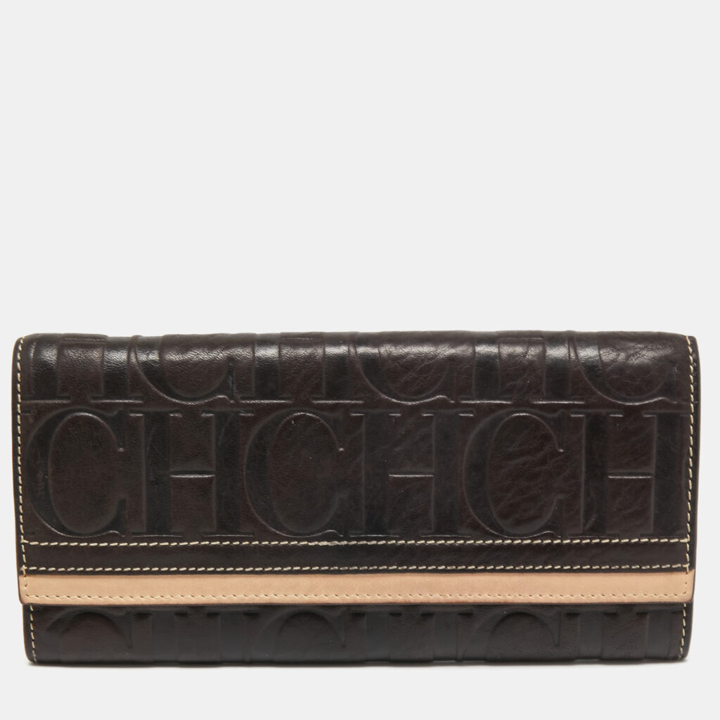 luxury-women-ch-carolina-herrera-used-handbags-p761605-008 CH Carolina Herrera Brown/Beige Monogram Embossed Leather Continental Wallet