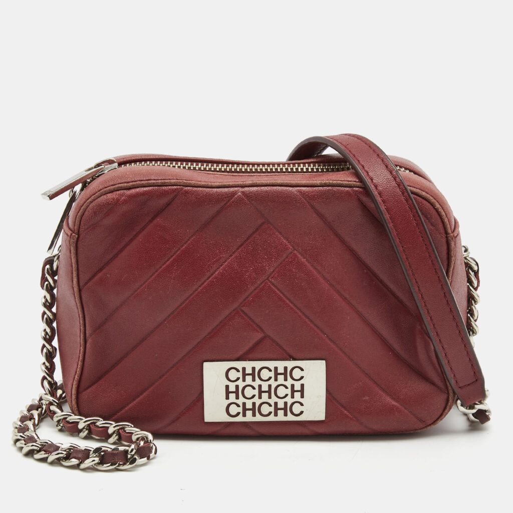 luxury-women-ch-carolina-herrera-used-handbags-p782506-015 CH Carolina Herrera Burgundy Chevron Leather Logo Camera Crossbody Bag