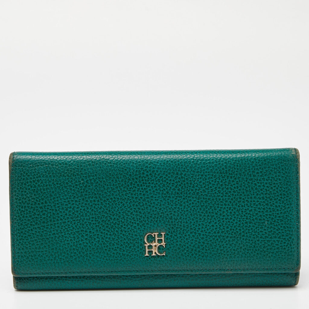 luxury-women-ch-carolina-herrera-used-handbags-p861012-006 CH Carolina Herrera Green Leather Flap Trifold Continental Wallet