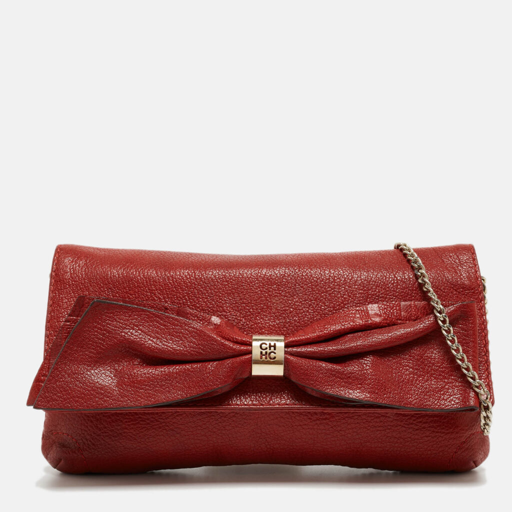 luxury-women-ch-carolina-herrera-used-handbags-p925708-020 CH Carolina Herrera Red Monogram Leather Bow Chain Clutch