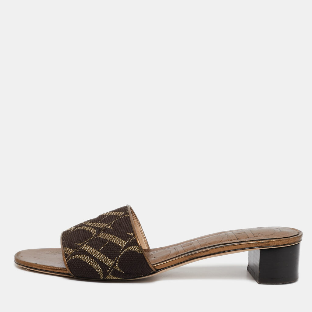 luxury-women-ch-carolina-herrera-used-shoes-p1113604-001 CH Carolina Herrera Metallic Leather and Canvas Logo Slide Sandals Size 38