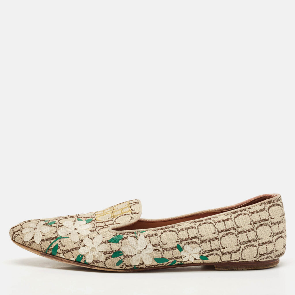 luxury-women-ch-carolina-herrera-used-shoes-p1138313-010 CH Carolina Herrera Cream/Brown Monogram Canvas Ballet Flats Size 39
