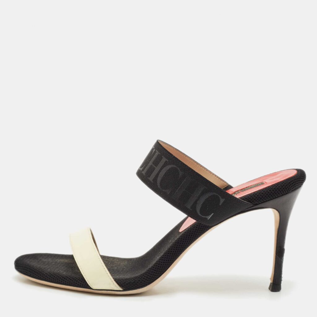 luxury-women-ch-carolina-herrera-used-shoes-p1149112-003 CH Carolina Herrera Black/White Fabric and Patent Leather Slide Sandals Size 38