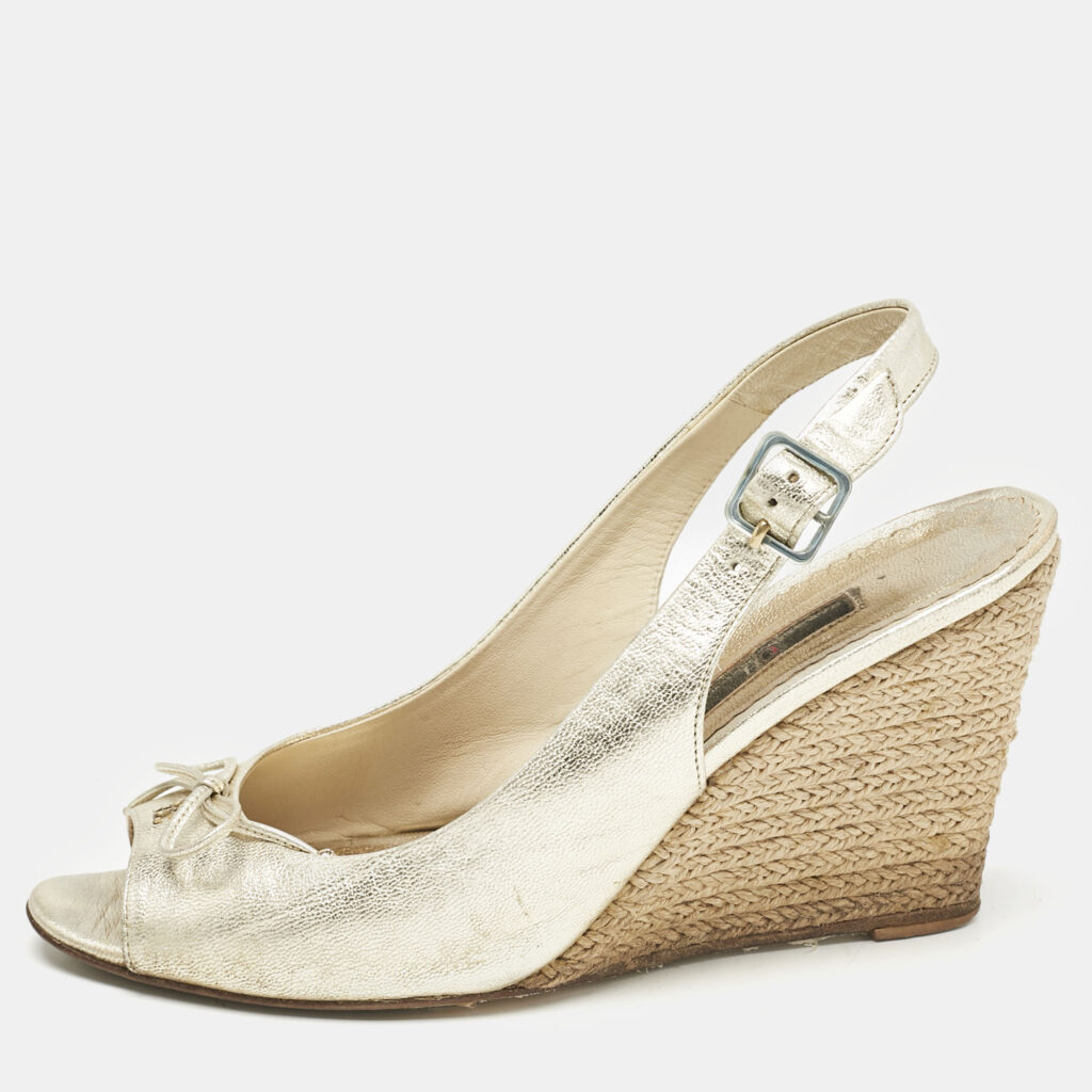 luxury-women-ch-carolina-herrera-used-shoes-p1155927-003 CH Carolina Herrera Metallic Leather Bow Peep Toe Espadrille Wedge Sandals Size 38