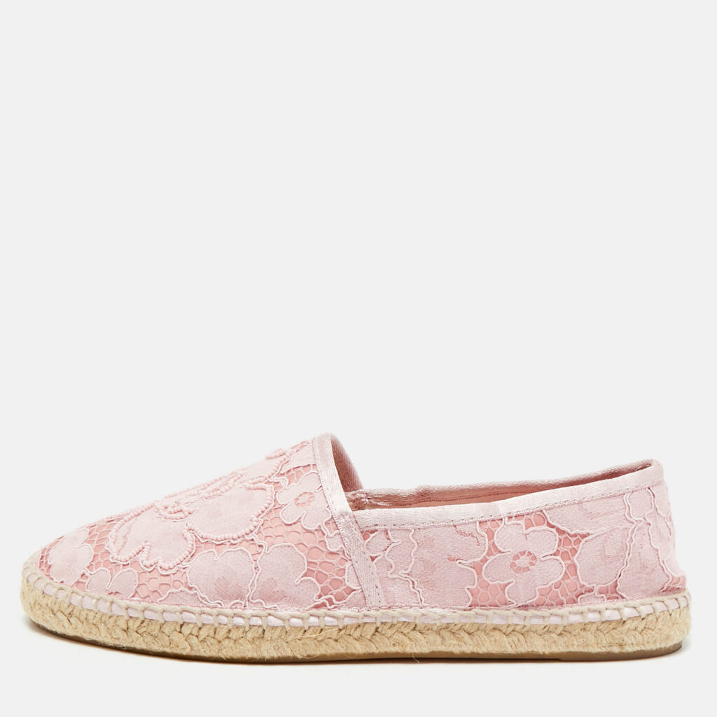 luxury-women-ch-carolina-herrera-used-shoes-p1160814-010 CH Carolina Herrera Pink Lace and Satin Pearls Embellished Espadrille Flats Size 39