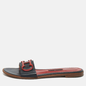CH Carolina Herrera Navy Blue Leather Slide Sandals Size 39