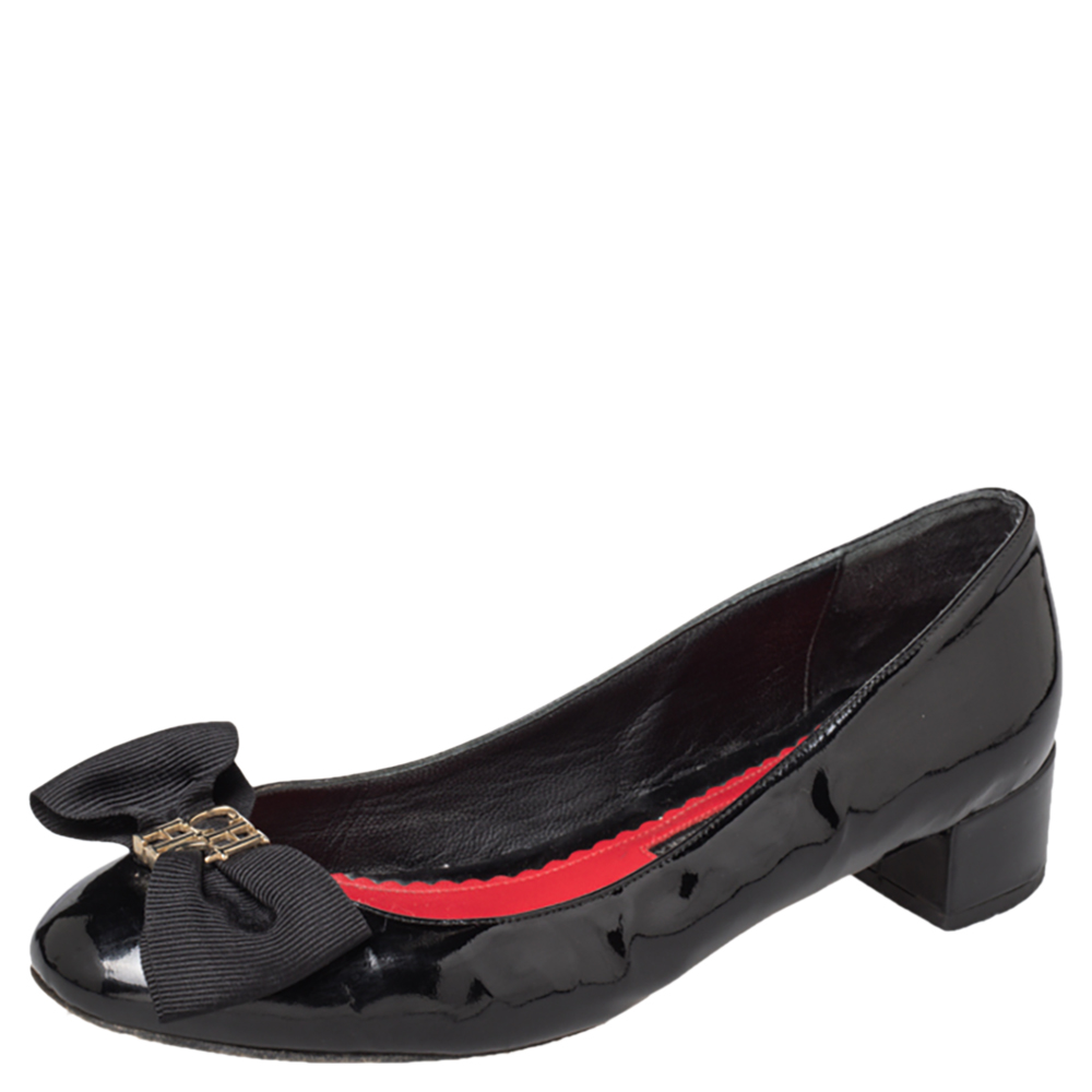 luxury-women-ch-carolina-herrera-used-shoes-p466742-010 CH Carolina Herrera Black Patent Leather Bow Block Heel Pumps Size 39