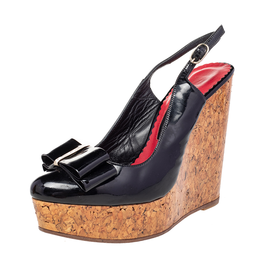 luxury-women-ch-carolina-herrera-used-shoes-p471946-005 CH Carolina Herrera Black Leather Bow Wedge Sandals Size 37
