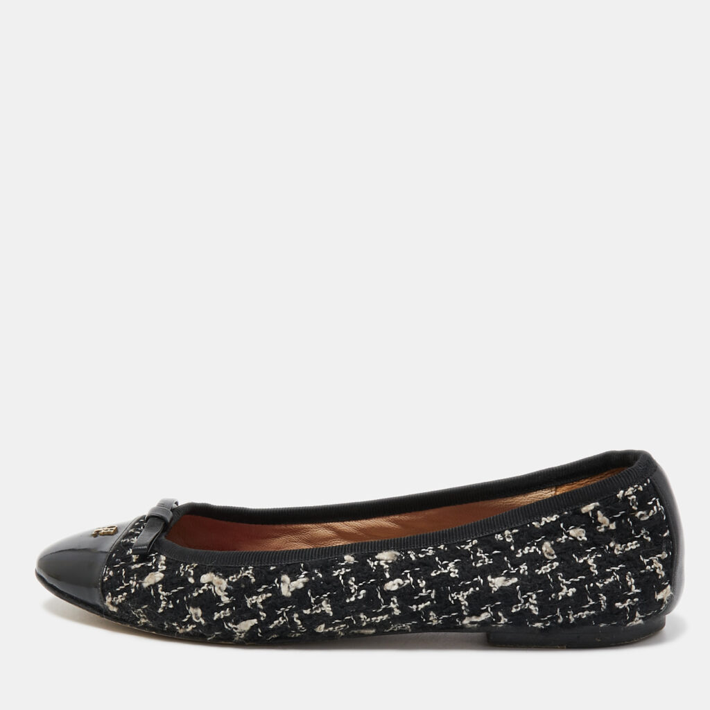 luxury-women-ch-carolina-herrera-used-shoes-p900822-001 CH Carolina Herrera Black Tweed and Patent Leather Bow Ballet Flats Size 37