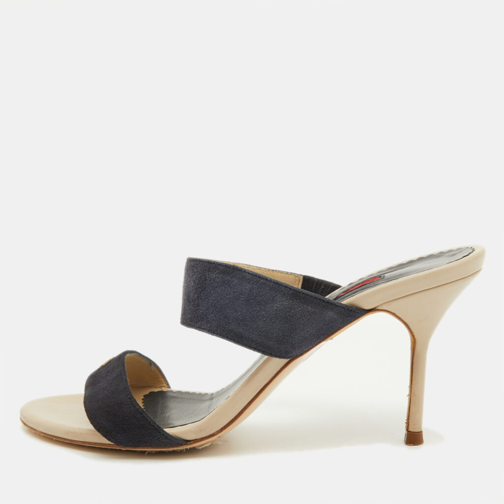 luxury-women-ch-carolina-herrera-used-shoes-p902766-001 CH Carolina Herrera Navy Blue Suede Slide Sandals Size 38