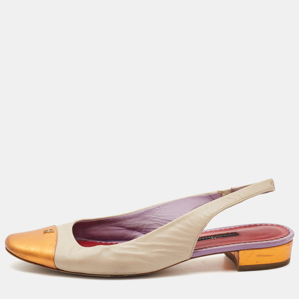 luxury-women-ch-carolina-herrera-used-shoes-p921314-001 CH Carolina Herrera Cream/Orange Leather Round Toe Slingback Pumps Size 39