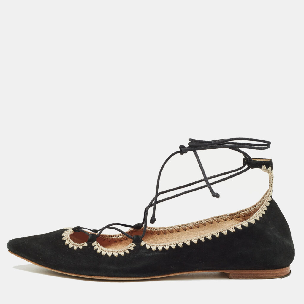 luxury-women-ch-carolina-herrera-used-shoes-p922338-010 Carolina Herrera Black Suede Pointed Tie Up Ballet Flats Size 37