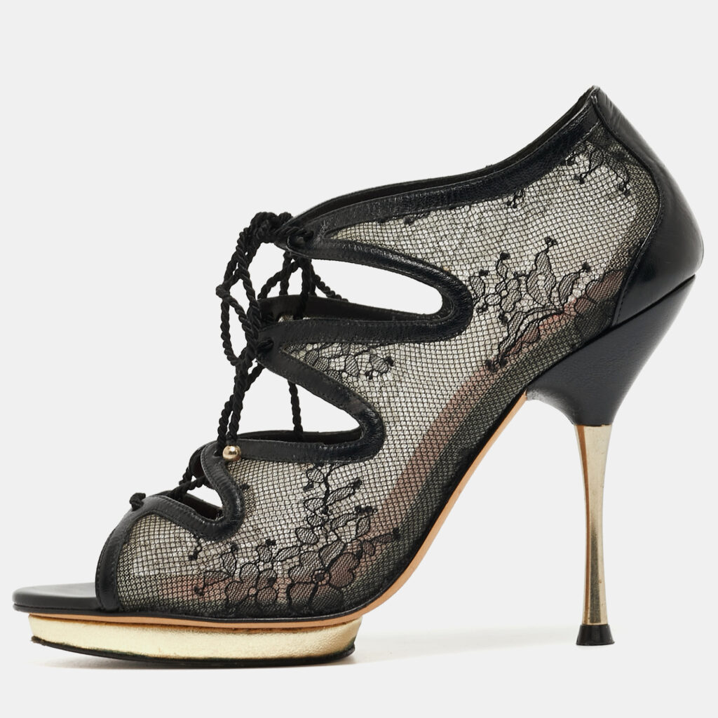 luxury-women-ch-carolina-herrera-used-shoes-p929649-001 CH Carolina Herrera Black Mesh and Leather Lace Up Ankle Boots Size 37