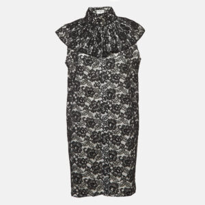 Chanel Black Floral Lace Ruffled High Neck Mini Dress L