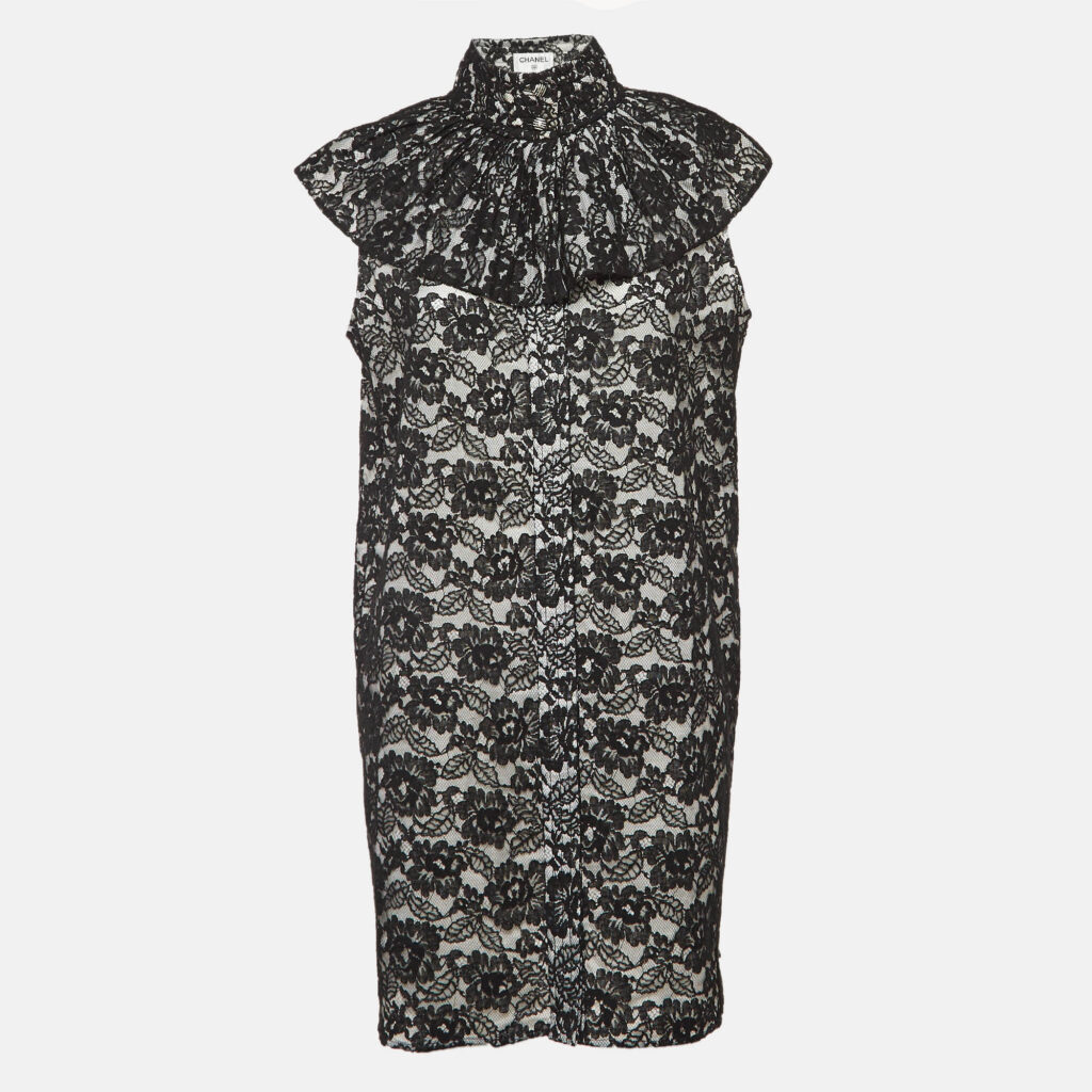luxury-women-chanel-new-clothes-p1042106-001 Chanel Black Floral Lace Ruffled High Neck Mini Dress L