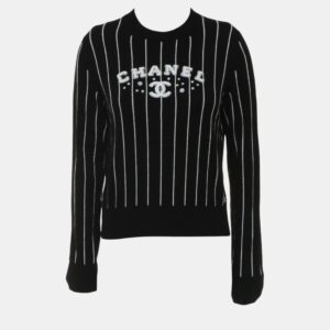 Chanel Black Crew Neck Stripes Logo Sweater S