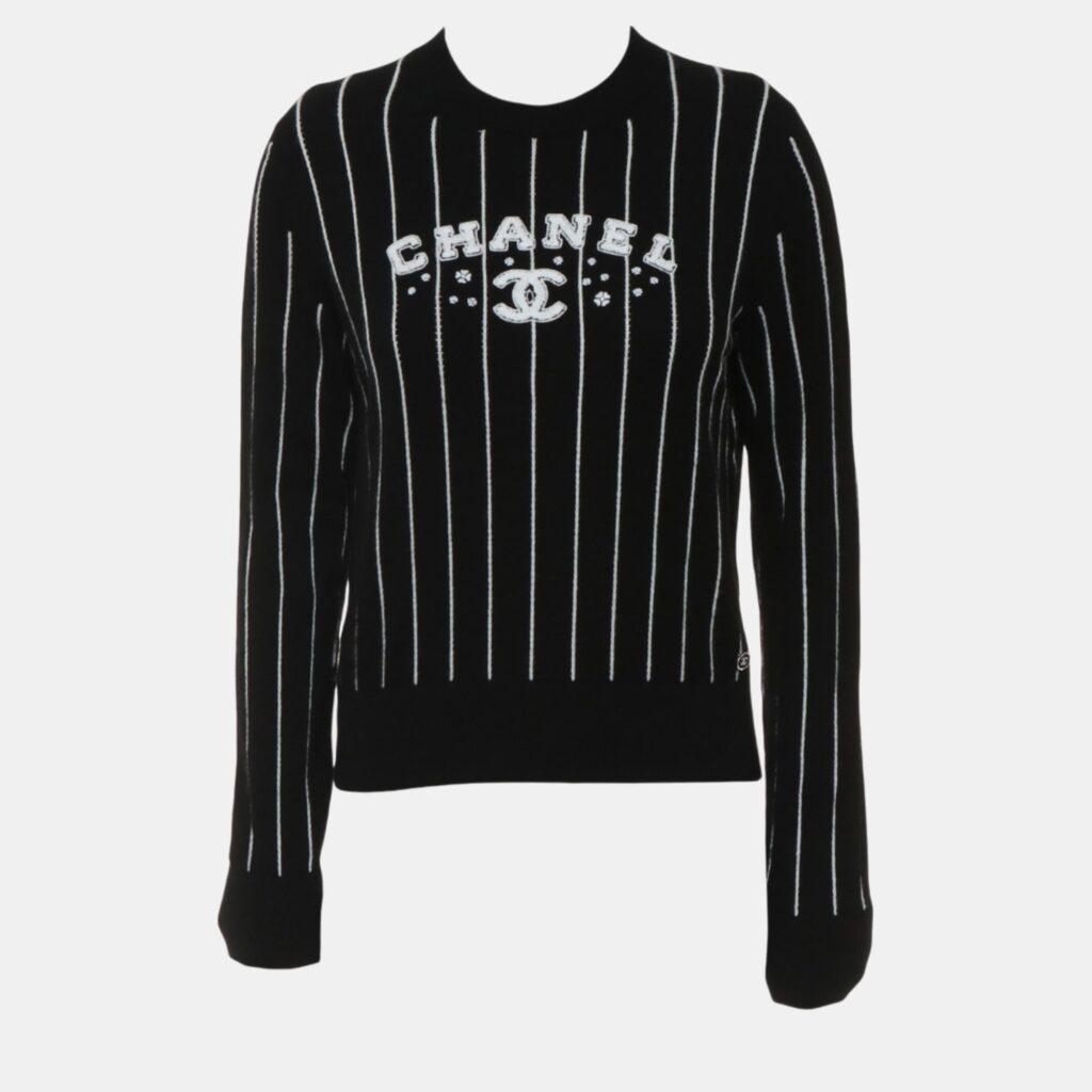 luxury-women-chanel-new-clothes-p1055114-004 Chanel Black Crew Neck Stripes Logo Sweater S