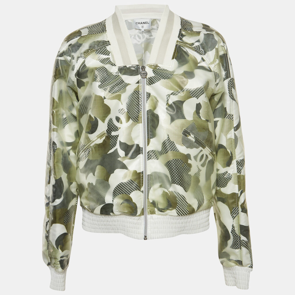 luxury-women-chanel-new-clothes-p939328-004 Chanel Dark Green Printed Synthetic Vinyl Bomber Jacket M