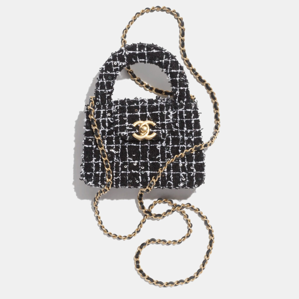 luxury-women-chanel-new-handbags-p1033124-004 Chanel Black, White & Silver Tweed Nano Kelly Shopper Bag