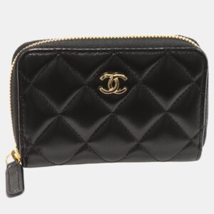 Chanel  Black Lambskin Leather Classic Zip Coin Case