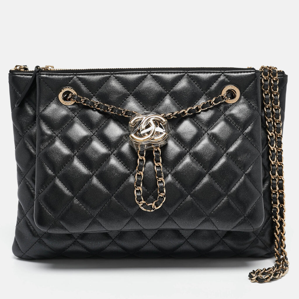 luxury-women-chanel-new-handbags-p1107137-001 Chanel Black Quilted Leather Double Zip Pouch Bag