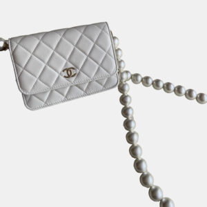 Chanel White Calfskin Quilted Mini Maxi Pearls Wallet On Chain