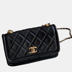 Chanel Black Shiny Lambskin Flap Clutch With Chain