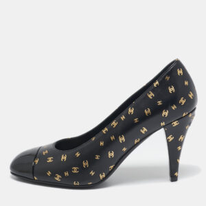 Chanel Black Patent and Leather CC Cap Toe Pumps Size 37.5
