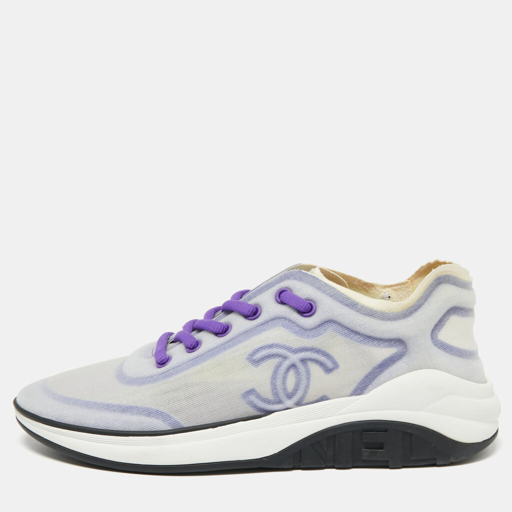 luxury-women-chanel-new-shoes-p641628-004-1 Chanel Purple/White Net And Fabric Lyrca Logo Trainers Sneakers Size 39