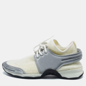 Chanel White/Grey Stretch Fabric and Corduroy CC Sneakers Size 40.5