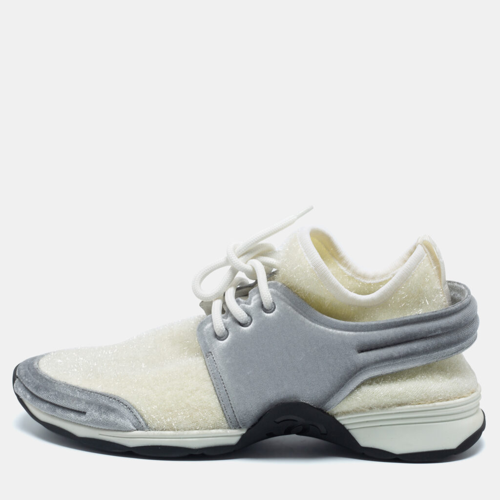 luxury-women-chanel-new-shoes-p715188-003 Chanel White/Grey Stretch Fabric and Corduroy CC Sneakers Size 40.5