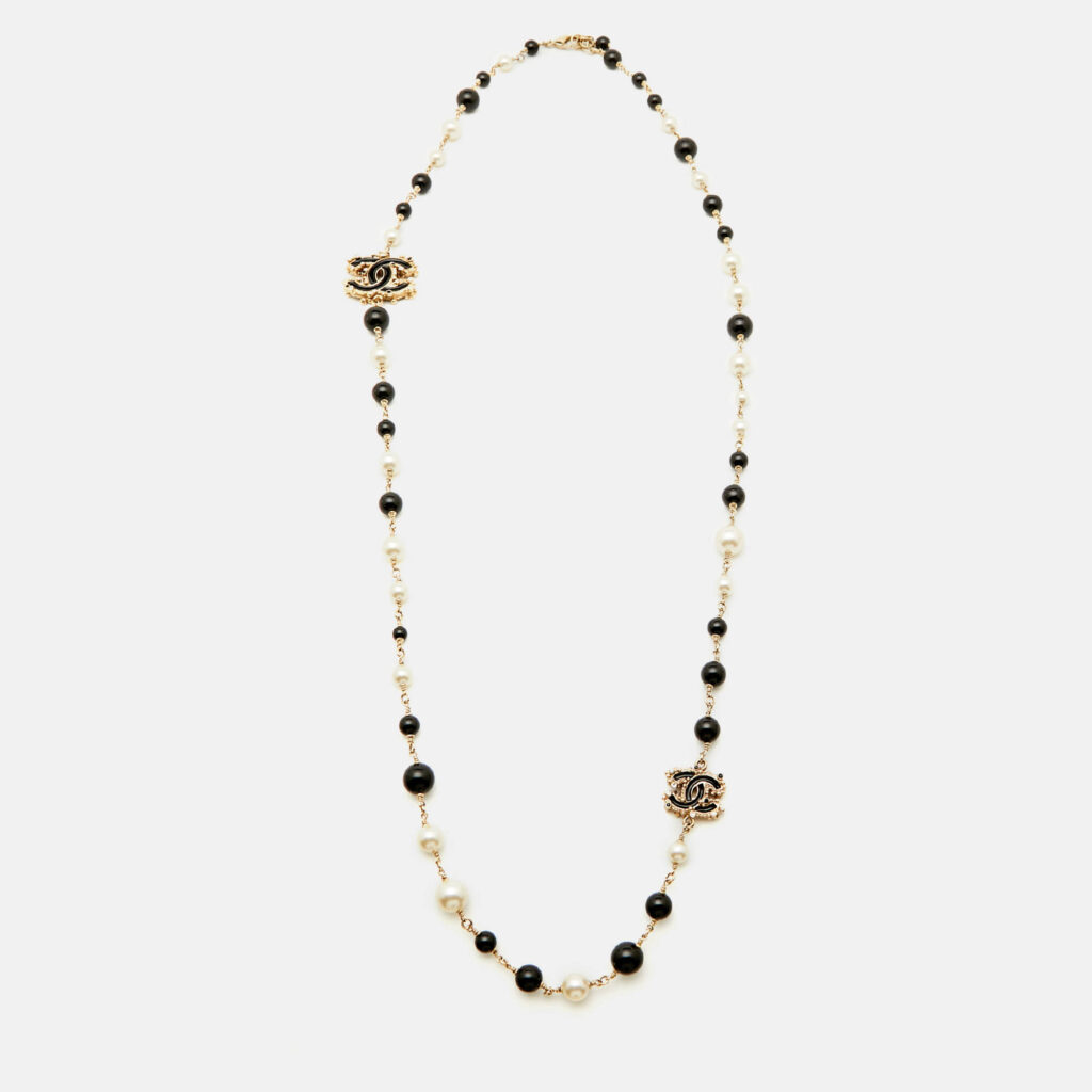 luxury-women-chanel-used-accessories-p1123946-005 Chanel Faux Pearl Black Beads Gold Tone CC Baroque Station Necklace